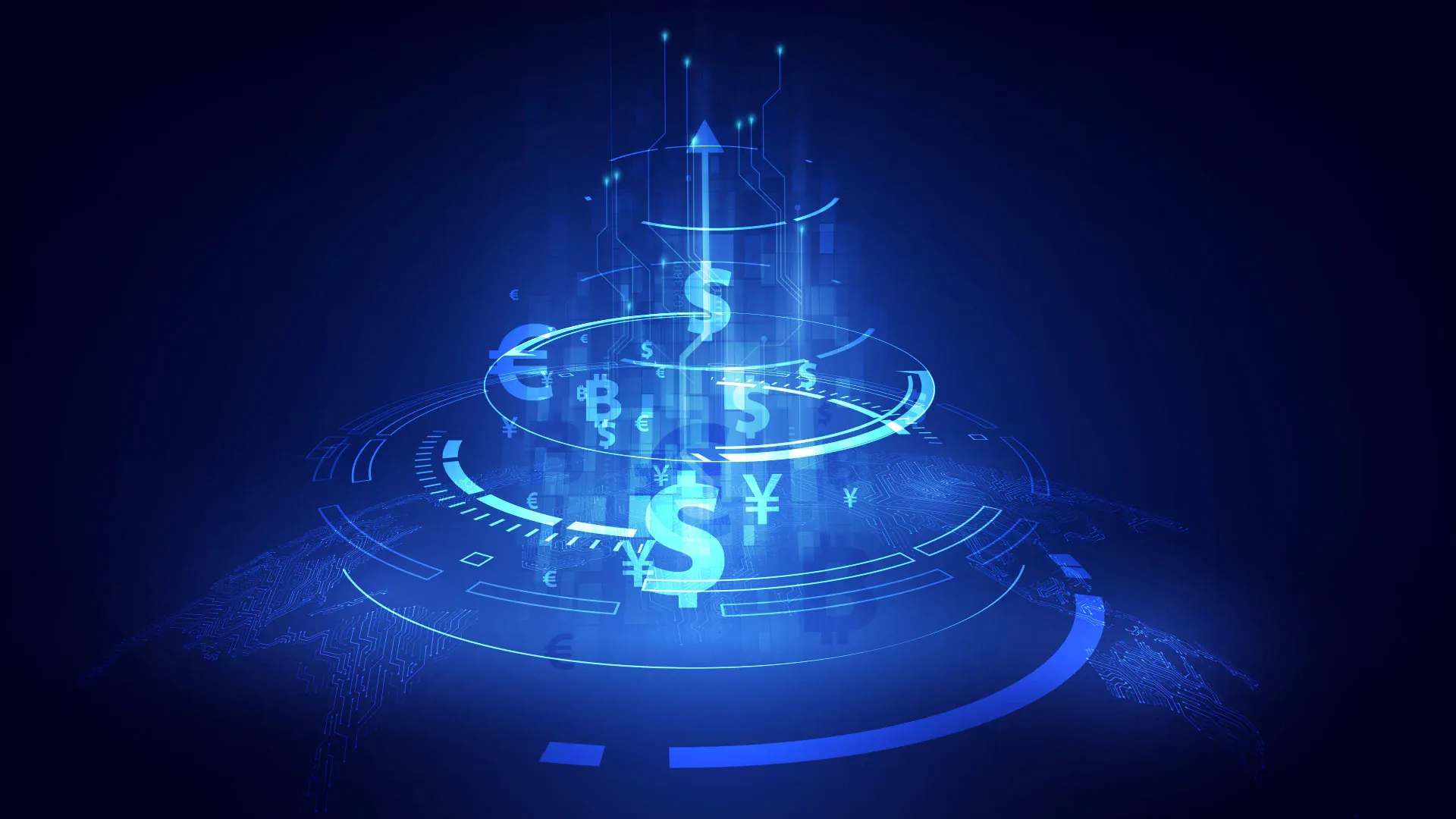 Digital currency symbols and rising arrow